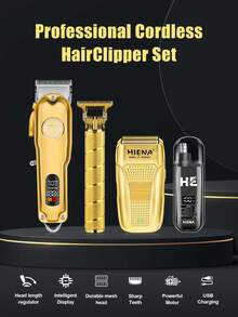 4 件套 HIENA 男士理容套装，精心打造的修剪器，适合男士使用，配备 T9 刀片双网格电动剃须刀、无线理发器、金色男士专属理发工具、精美礼盒包装，是您理发的最佳伴侣。 - 金色 - 查看 2