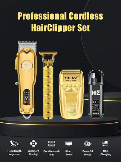  HIENA 四合一男士理容套装，包含无线理发器、精密修剪器、T9 双刀头剃须刀、360° 鼻毛修剪器、无线理发器、专属理容工具、精美礼盒包装，是您的完美伴侣。