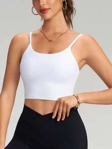 ATTRACO Women Sports Bra Yoga Solid Color Crew Neck Camisole Removable Padded Sleeveless Fitness Tank Top - White - View 4