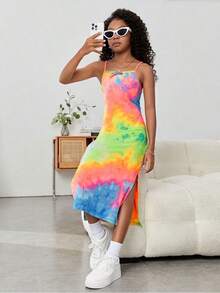 Tween Girls' Summer Knit Spaghetti Strap Dress, Tie-Dye Print Fitted Tank Dress, Summer Style, Suitable For Beach - Multicolor - View 8