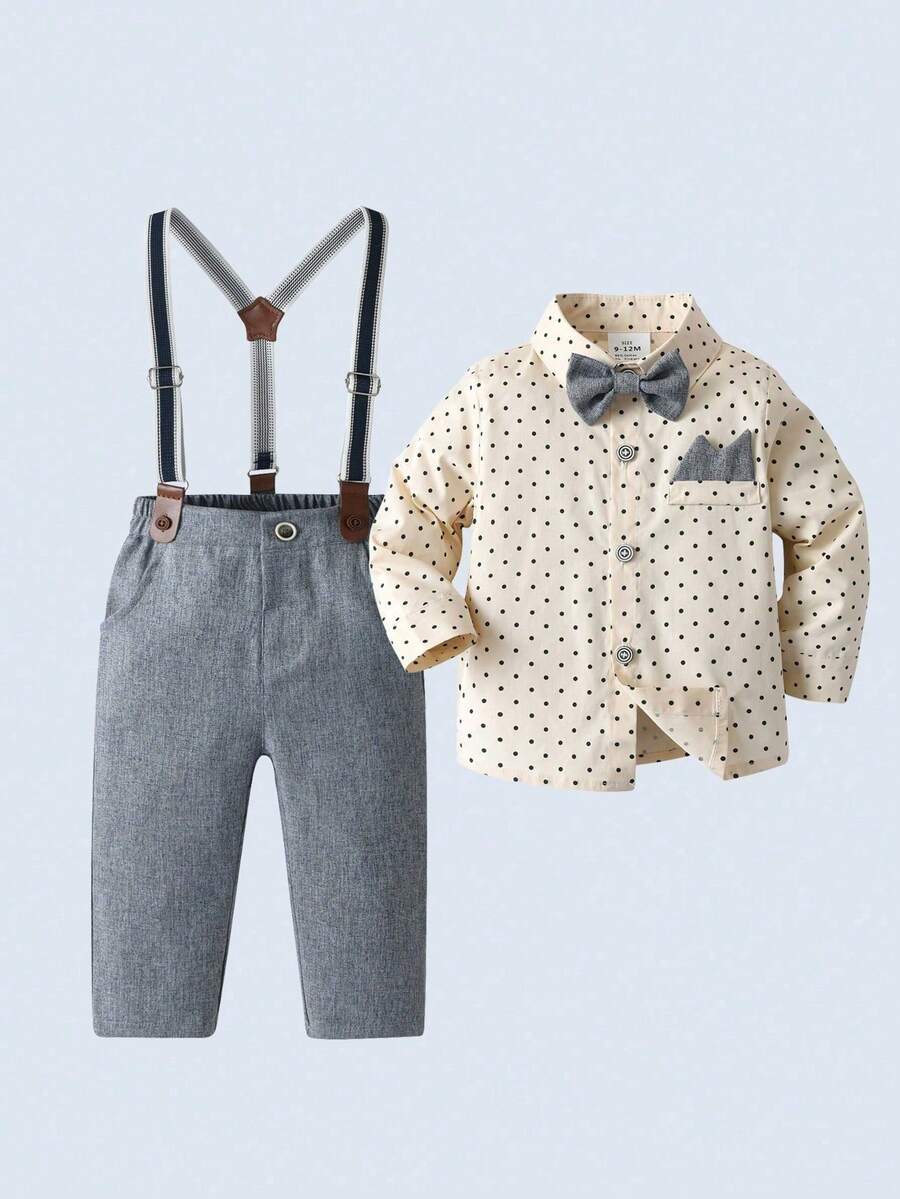 BOARNSEORL 两件套男婴绅士套装 - 长袖衬衫配蝴蝶结和灰色背带裤，时尚可爱，适合生日派对、宴会、洗礼等场合。 - 灰色 - 查看 1