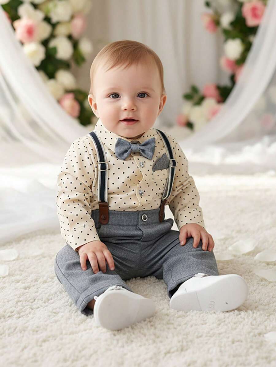 BOARNSEORL 两件套男婴绅士套装 - 长袖衬衫配蝴蝶结和灰色背带裤，时尚可爱，适合生日派对、宴会、洗礼等场合。 - 灰色 - 查看 1