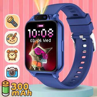 新款儿童智能手表，适合3-14岁儿童，内置益智游戏、触摸屏、摄像头、音乐/视频播放器、计步器、紫色运动硅胶表带、闹钟功能，是一款互动式青少年手表，也是一份不错的圣诞礼物。