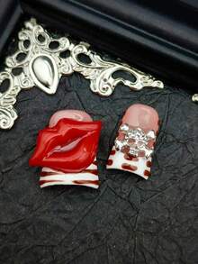 DUCK Nails: Cute Baroque Nail Art Look With 10pcs Y2K Shinning Metallic Duck Nails Acrylic Handmade Press On Nails French Tip Pink Nails Purple Nails Blue Nails Black Nails Red Nails With 3D Diamonds Butterfly Bow Love Handpaint Flowers Hexagram Waterdrops Ripples For Chiristmas Parties Or Holiday Suittable For Girls Or Women Wear With Free Gel Sticker Nail File. - Red - View 7