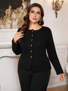 Plus Size Women's Fitted Round Neck Metal Button Cardigan, Black - Black - View 3