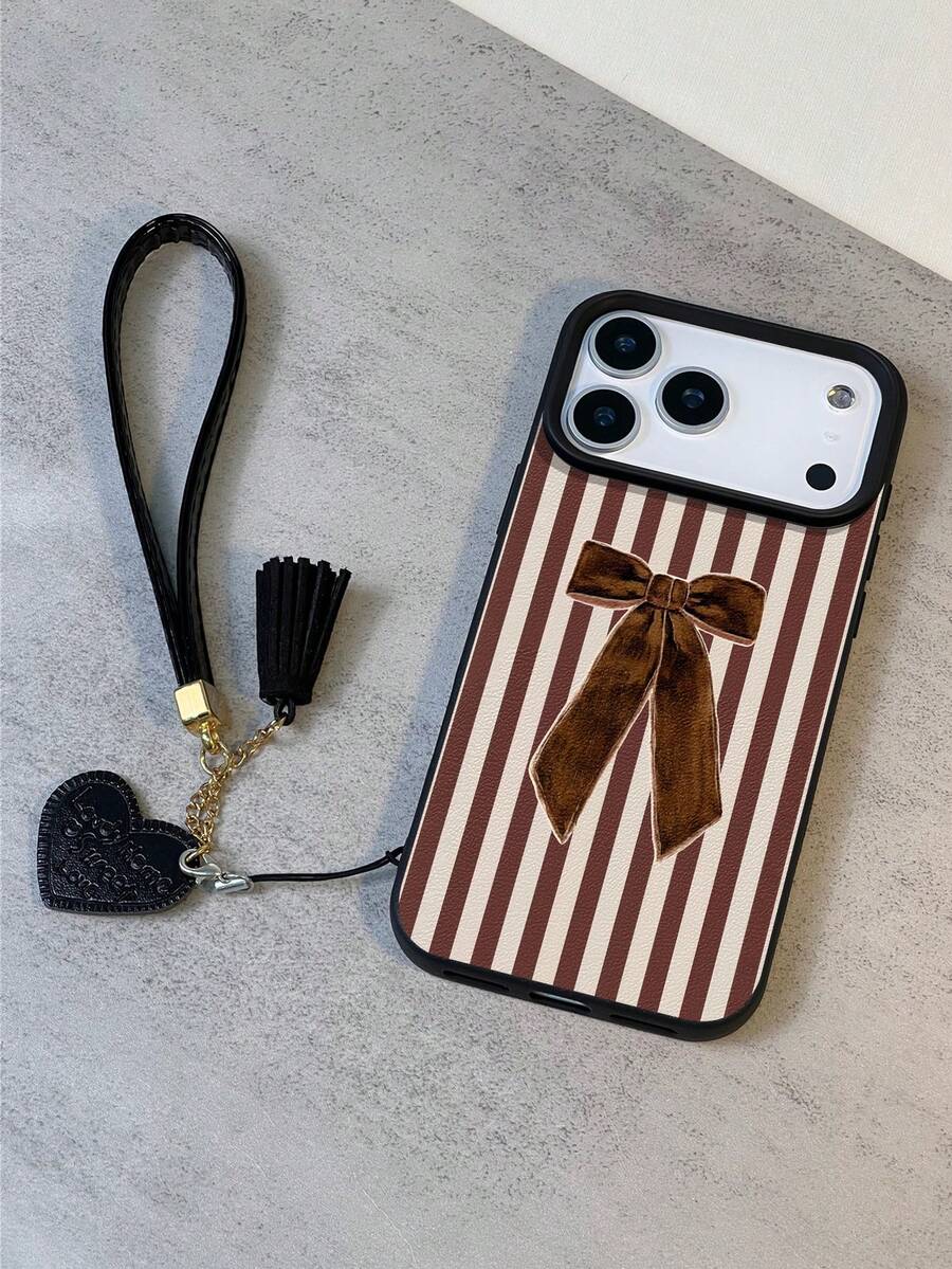 1 Stück Vintage Mode personalisierter brauner gestreifter Schleifen Design wasserdichter stoßfester rutschfester hochwertig geprägter weicher Textur Handyhülle + modisches herzförmiges Kunstleder Lanyard Armband, kompatibel mit Apple, Smartphones, tolles Geschenk für Freunde, Familie, Paar, Geburtstage, Feiertage - Verschiedenfarbig - Übersicht 1