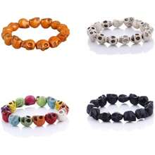 Juego de 4 pulseras coloridas de cabeza de calavera de esqueleto de Halloween, oracin tibetana, cuentas de piedra mala, hueso elstico, hebra ajustable para mujeres y hombres, gtica, punk, personalidad, festival, joyera, plstico piedra, Plstico. - inicial - Ver 1