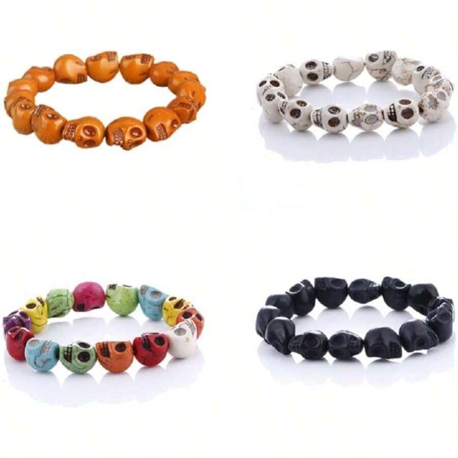 Juego de 4 pulseras coloridas de cabeza de calavera de esqueleto de Halloween, oracin tibetana, cuentas de piedra mala, hueso elstico, hebra ajustable para mujeres y hombres, gtica, punk, personalidad, festival, joyera, plstico piedra, Plstico. - inicial - Ver 1