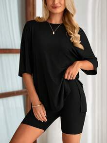 PRETTYGARDEN Women's Summer Clothes 2 Piece Sets Lounge Set Casual Oversized Shirts Biker Shorts Matching Airport Travel Sweatsuit Set Women Vacation Outfit Black Summer Brunch Outfits For Women - 黑色 - 查看 4