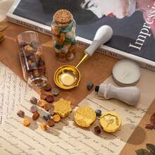 Vintage Sealing Wax Stamp Kit: 3 Stamps, 2 Sealing Wax Beads, Spoon, And Candle. Perfect For Holiday Cards, Letters, Weddings, Packaging, And Crafts. An Ideal Gift For Creative Personalization And Decoration. - Ginger - View 3