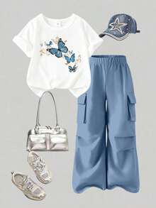 Toddler Girls' Cartoon Print Round Neck Short Sleeve Top And Cargo Pants Set - White - View 1