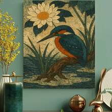 Framed 1pc Vibrant Kingfisher & Water Lily Canvas Wall Art - Retro Decorative Print, Elegant Home Decor, Ready-To-Hang For Living Room & Bedroom - Framed - 查看 3
