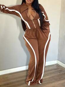 LovelyWholesale Damen Lässig Kragen Reißverschluss Kontrast Farbe gestreifte Naht Langarm Top und Kordelzug gerade gestreifte Hose Zweiteiler Herbstkleidung für Frauen