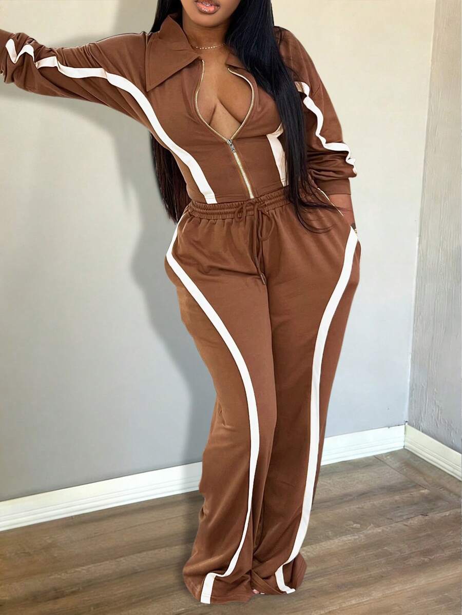 LovelyWholesale Damen Lässig Kragen Reißverschluss Kontrast Farbe gestreifte Naht Langarm Top und Kordelzug gerade gestreifte Hose Zweiteiler Herbstkleidung für Frauen