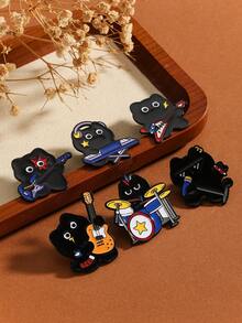 6pcs/Set Fashionable Cute Cartoon Rock Music Festival Black Cat Band Brooch Pin, Suitable For All Seasons/Parties/Gifts/Work Wear - Multicolor - View 2