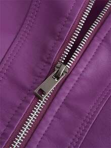 Áo khoác da giả ngắn cho nữ, Xuân Thu, Cổ áo, Áo khoác da PU nhẹ - Màu tím - Xem 5