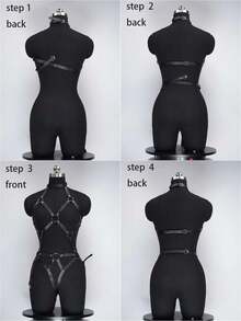 1件装女士性感全身皮革束缚内衣哥特式镂空束缚笼连体衣 - 黑色 - 查看 7