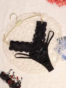 1入組性感蕾絲透明女性內衣低腰丁字褲 - 黑色 - 查看 2