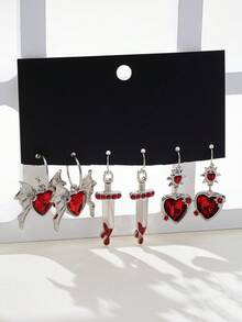3对嘻哈风格耳环套装，包含心形、翅膀、滴血、剑、星星图案，时尚百搭，是情人节派对的理想礼物 - 彩色 - 查看 3