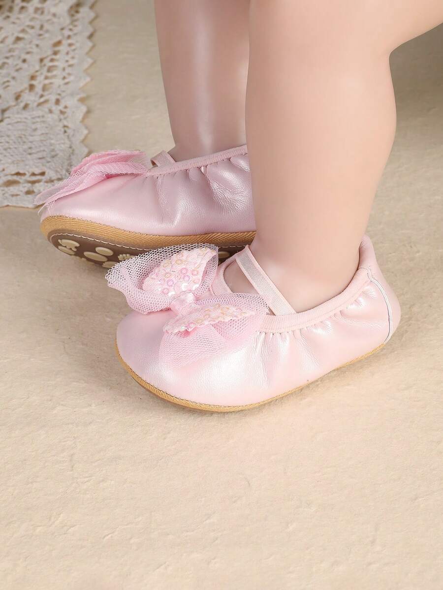 1 Pair Girls' PU Glitter Bow Mary Jane Flat Shoes, Sweet Princess Style, Suitable For 100 Days Celebration, Spring/Autumn - Pink - View 1