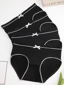 4pcs Women's Bowknot Textured Mid-Rise Black Sexy Cute Bikini Panties - Black - View 2