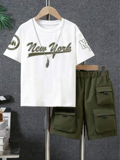 Young Boy Summer Casual Letter Print Short Sleeve T-Shirt And Shorts