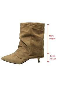 女士时尚靴子，翻边靴，中筒细跟褶皱靴，2025秋冬新款女鞋，棕色中筒靴，细腿靴 - 卡其色 - 查看 6