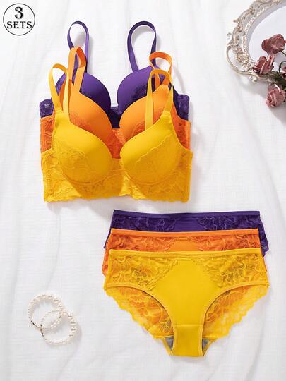 6pcs Lace Trim Women's Underwear Set, Triangle Panties, Office Style Design, Underwire Bra With Strong Lift And Support, Shaping Rounded And Full Bust, Comfortable And Snug Fitting Triangle Panties With 3-Row Hook Closure, Suitable For Professional Women's Daily Wear