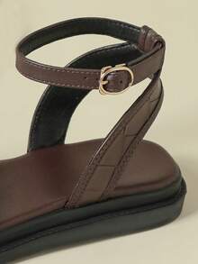 Women's Thick Sole Strap Buckle Sandals, Bohemian Style, Retro Random Print, Open Toe, Comfortable, Wedge Heel, Breathable, Elegant, Suitable For Beach, Spring/Autumn, Coffee Brown, Asymmetrical Embossed, Large Size 41-43 - Coffee Brown - View 9