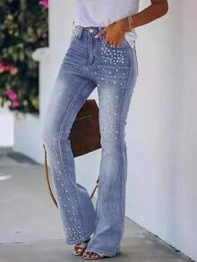 Women's Flare Jeans With Stretch & Pearl Rhinestone Embellishments - Elegant Bell Bottom Denim,Suitable For New Year's, Vacations, Valentine's Day, Summer, Office Wear, Going Out, And Parties. - 藍色 - 查看 3