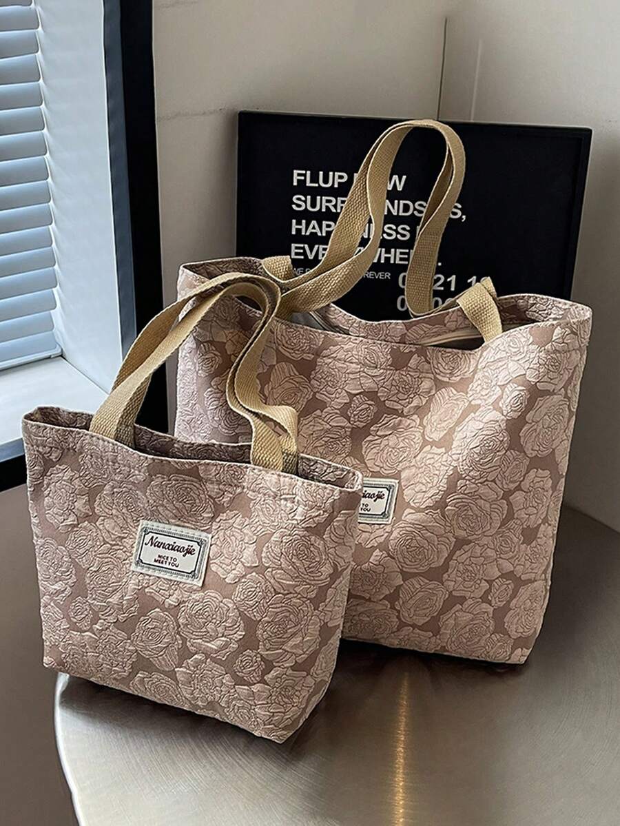 Bolso de tela con estampado floral vintage (grande/pequeño), bolso de mano de lona con estampado floral, bolso de hombro portátil de almacenamiento para ir al trabajo, bolso de lona con flores, bolso de estudiante de gran capacidad, bolso multiusos bordado con flores