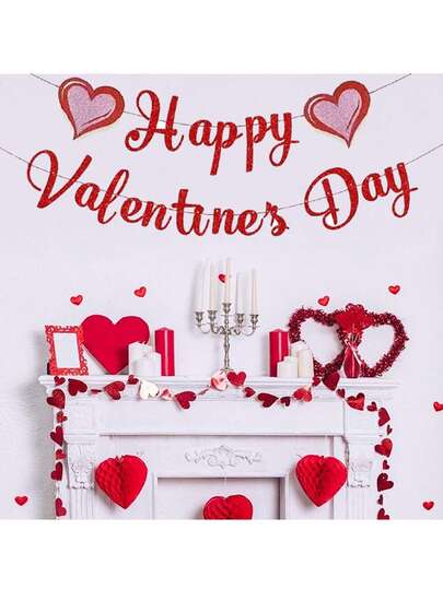 Happy Valentine's Day Party Banner, Red Heart Hanging Flag, Party Decoration