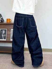 1件 Hearty Haven 男女通用宽松直筒牛仔裤，镰刀图案拼接设计（不含腰带或配饰） - 深色水洗藍 - 查看 10