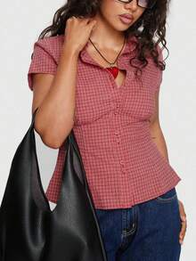 Women's Y2K Plaid Shirt Button-Up Short Sleeve Collared Slim Fit Casual Summer Blouse Tops - 珊瑚紅色 - 查看 3