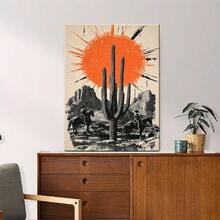 Póster de lona con marco de madera de 1 unidad-arte Vintage de la puesta del sol del desierto con vaqueros, cactus y siluetas-Decoración de pared Retro en blanco y negro para sala de estar, oficina o Hogar, decoración del hogar occidental - Multicolor - Ver 6
