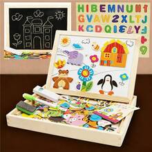 木制多功能儿童动物拼图写字磁性画板黑板学习儿童益智玩具，包含画笔和黑板 - 儿童画板 - 益智拼图开发玩具 开学礼物 生日礼物 圣诞礼物