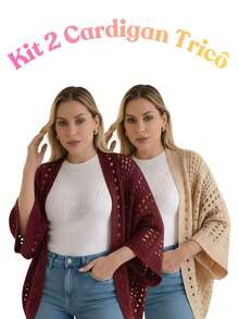 Set Of 2 Women's Cardigan Blouses, Knitted Cape, Openwork Knit, Autumn - 瑪薩拉酒紅/米色 - 查看 1