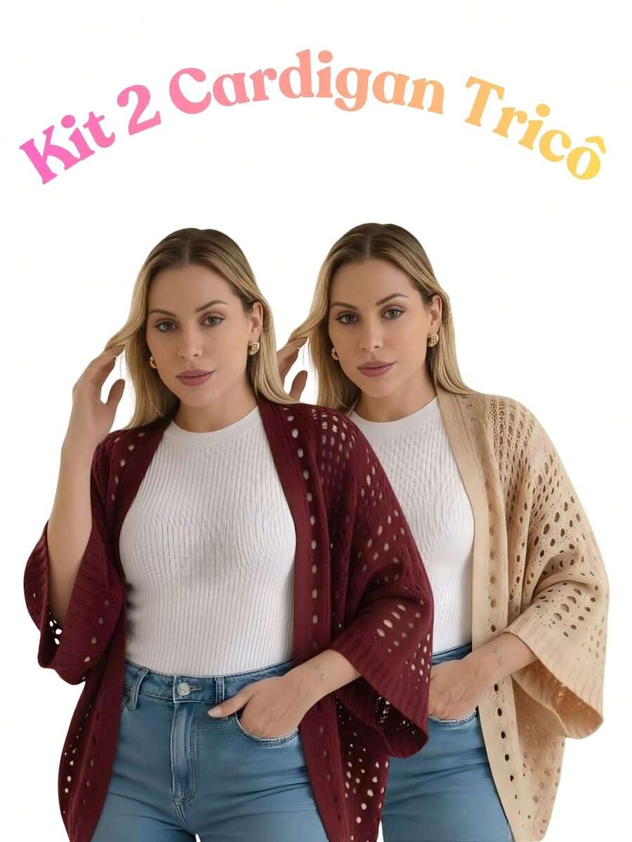 Set Of 2 Women's Cardigan Blouses, Knitted Cape, Openwork Knit, Autumn - 瑪薩拉酒紅/米色 - 查看 1