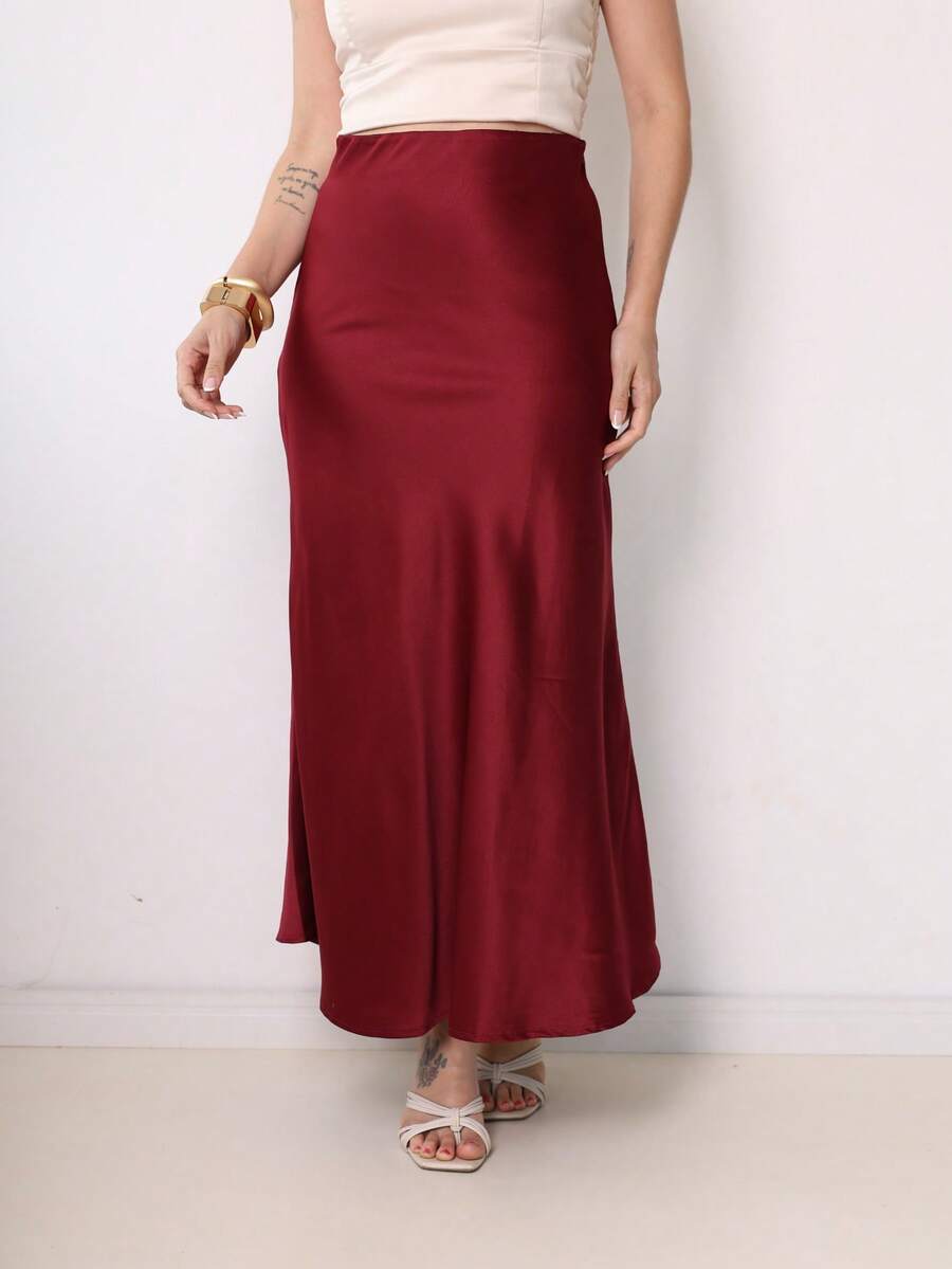 Women's Long Satin Skirt, High Waist. - 酒紅色 - 查看 1