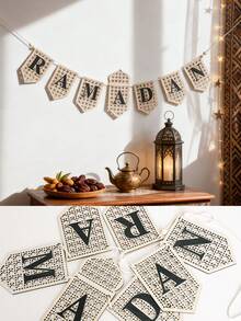 1pc Wooden Letter Banner, Boho Style Triangle Flag Garland, Hanging Party Decor, Pre-Strung Colorful Flags, Festival Celebration Sign, Elegant Patterned Wooden Banner, Reusable Indoor Event Decoration, Party Supplies, Fashionable Hanging Letter Garland, Suitable For Living Room, Dining Room And Entryway Backdrop