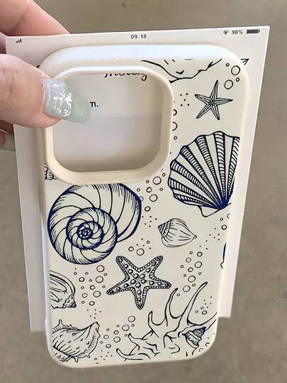 1个白色复古蓝线海星贝壳极简全包覆TPU防震手机壳，兼容苹果17、16、15、14、13、12、11 Pro Max、Air和Series系列