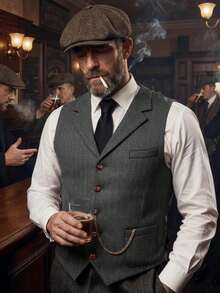 1pcs Men's Vintage Classic Herringbone Pattern Suit Vest V-Neck Casual Wool Blend Waistcoat For Men Business Casual And Formal Wear - Xám - Xem 3