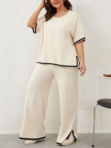 Women's Plus Size 2 Piece Summer Travel Lounge Set Short Sleeve Pullover Top & Wide Leg Pants - Apricot - View 3