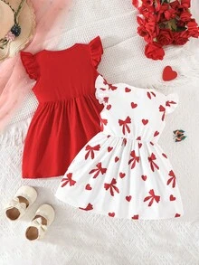 2pcs/Set Toddler Crew Neck Cap Sleeve Butterfly Print & Solid Ribbed Minimalist Cute Outfits, Spring/Summer - Red - View 3