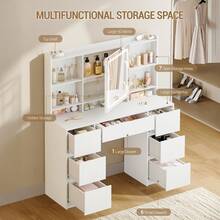 HEXCELEN Vanity Table With Lighting, Vanity Table With Large LED Mirror, Vanity Table With Adjustable Brightness, 7 Drawers, 4 Shelves, Storage Space Behind The Mirror, White - 查看 4