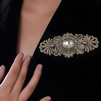 1pc Vintage Ottoman Turkish Women Brooch, Inlaid Colorful Rhinestones, Hollow Metal Floral Pattern, Large Size, Mediterranean Arabic Women Party Brooch