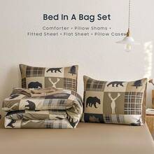 7PCS King Size Rustic Christmas Comforter Set - Cabin Lodge Wildlife Bear Moose Deer Patchwork Bedding - Brown - View 7