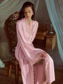 QING ROU Elegant Satin Robe In Lotus Root Color, Soft Lace Trim, Flared Long Sleeves, Silky & Comfortable, With Belt, Suitable For Home Use - 西瓜粉 - 查看 4