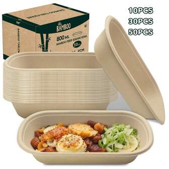 100%纯竹纤维方形碗，容量800毫升（27.05盎司）。一次性竹纤维碗可在微波炉和烤箱中加热，也可在冰箱或冷冻室中冷冻。它们防水、防油，且不含全氟和多氟烷基物质（PFAS）。