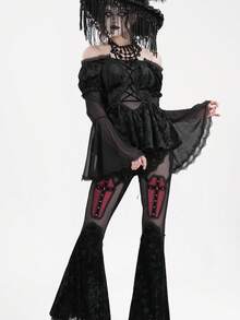 EVA LADY Blouse gothique à épaules dénudées avec manches évasées, garnie de dentelle et de texture veloutée